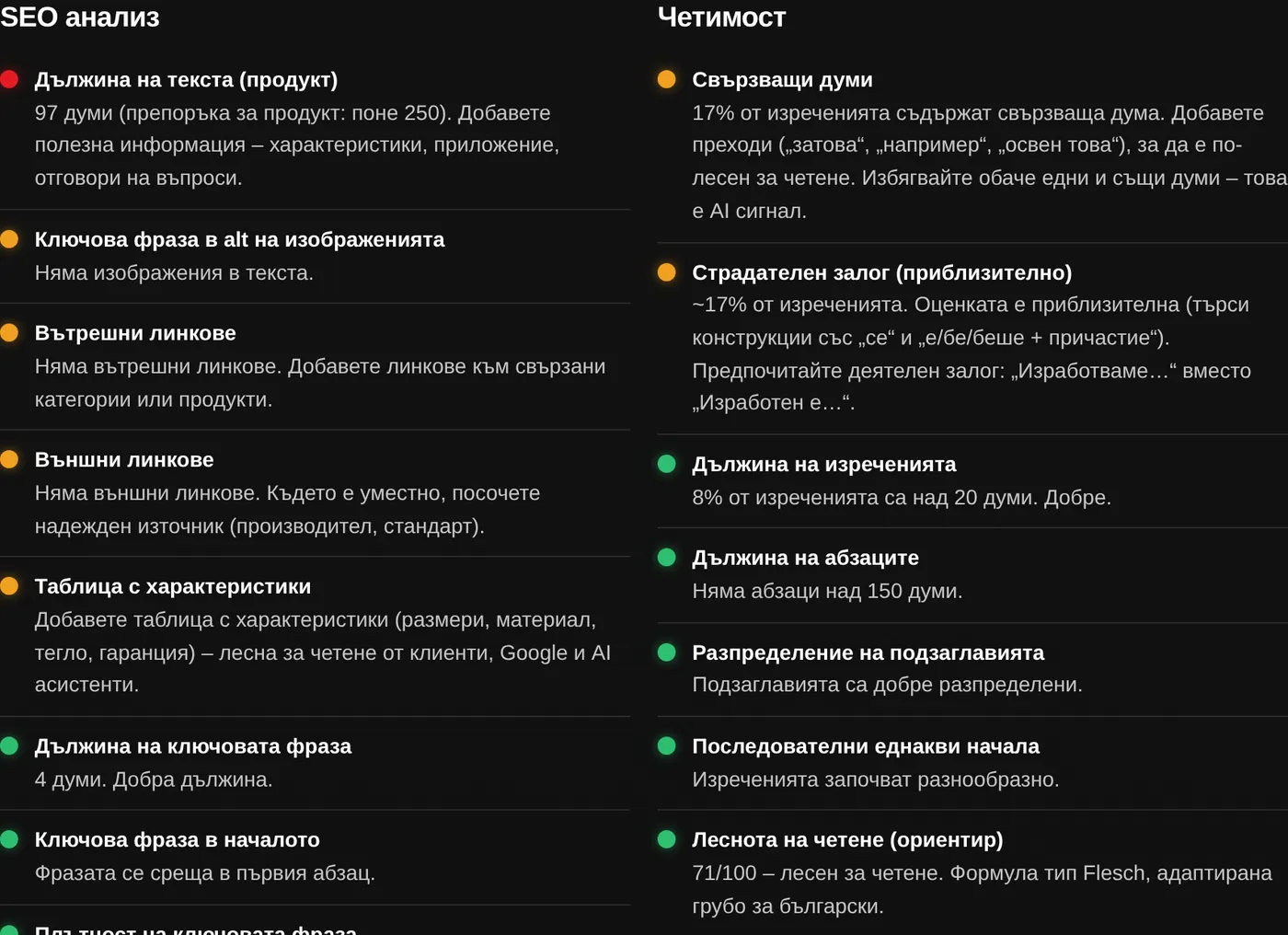 Списък със SEO и четимост проверки в HumanCheck със зелени, жълти и червени индикатори